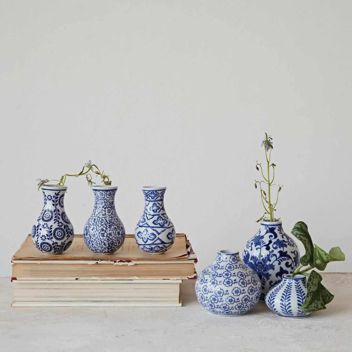Blue Chinoiserie Hand-Stamped Floral Ceramic Vase