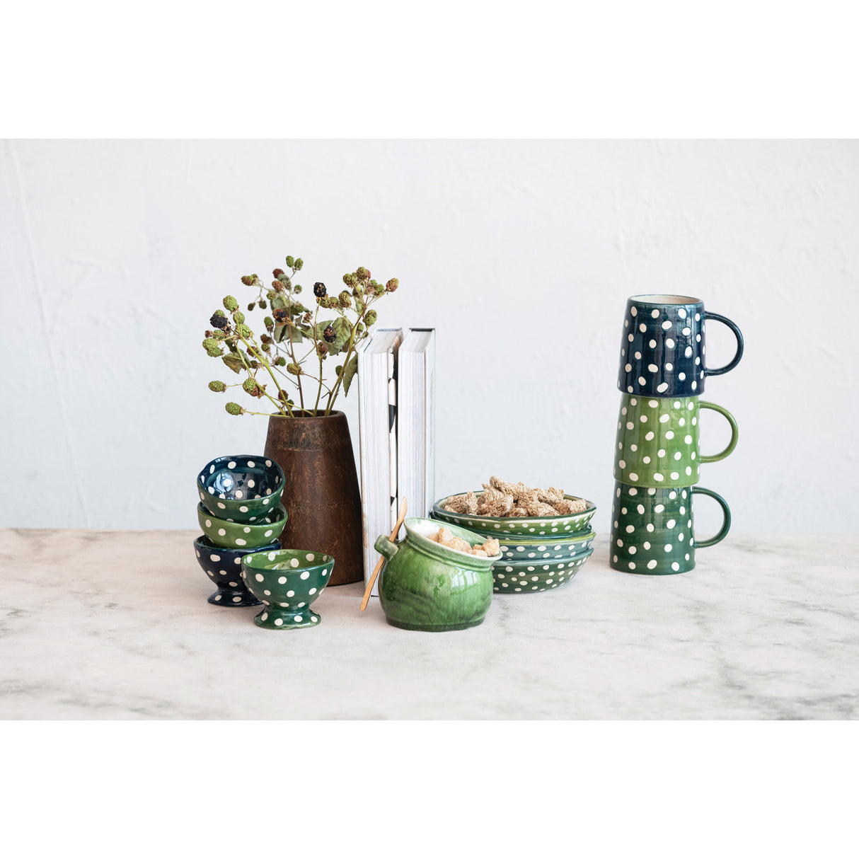 Reactive Glaze Green Stoneware Salt Cellar with Acacia Wood Spoon