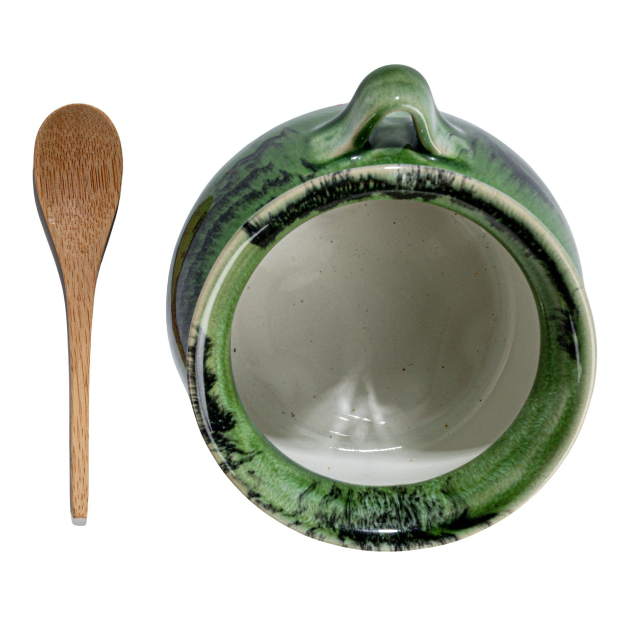 Reactive Glaze Green Stoneware Salt Cellar with Acacia Wood Spoon