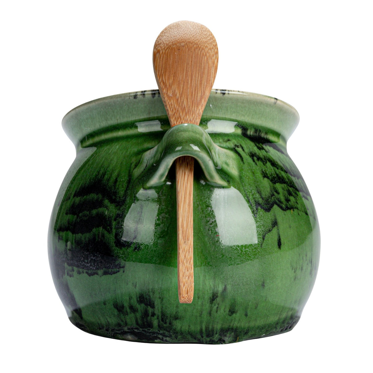 Reactive Glaze Green Stoneware Salt Cellar with Acacia Wood Spoon