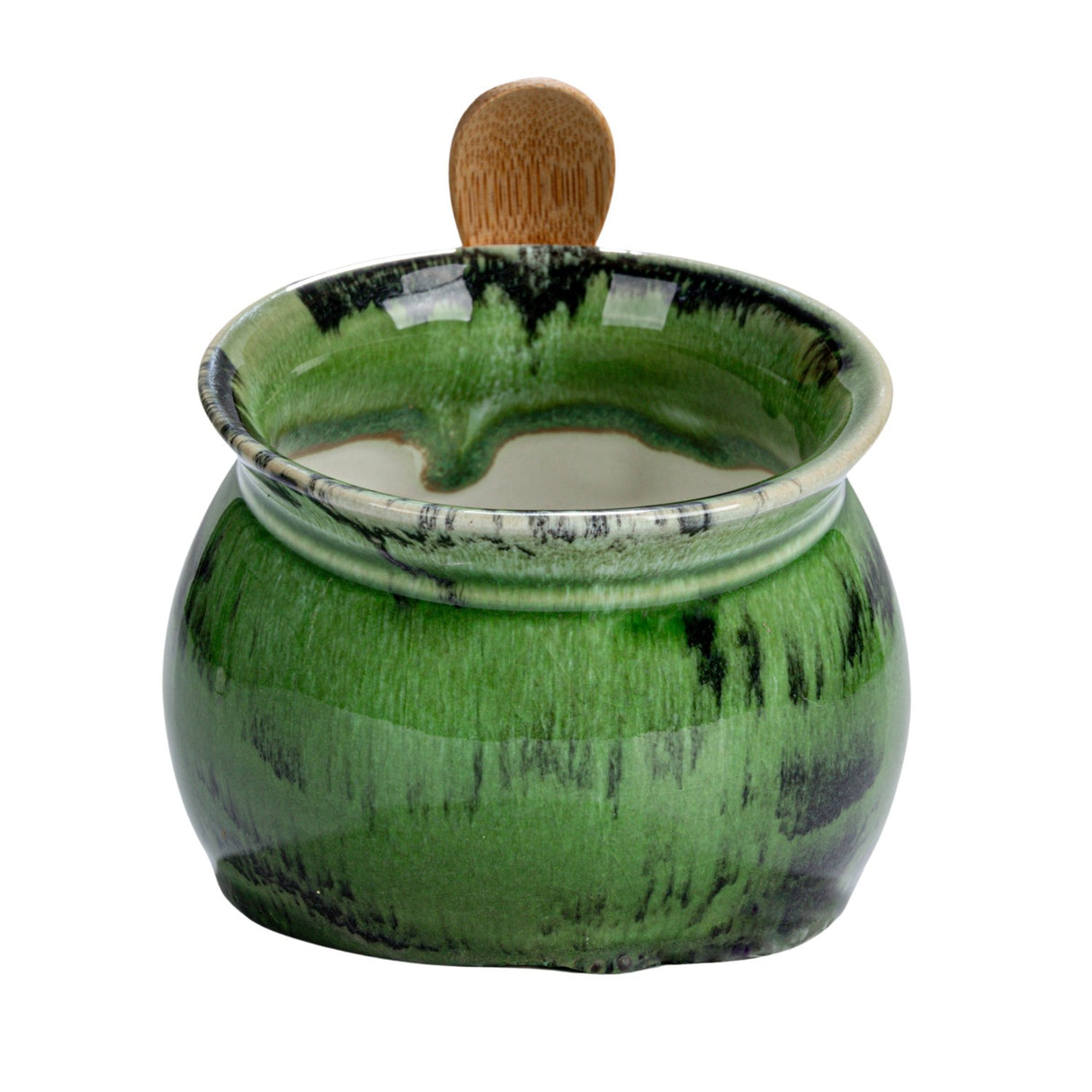 Reactive Glaze Green Stoneware Salt Cellar with Acacia Wood Spoon