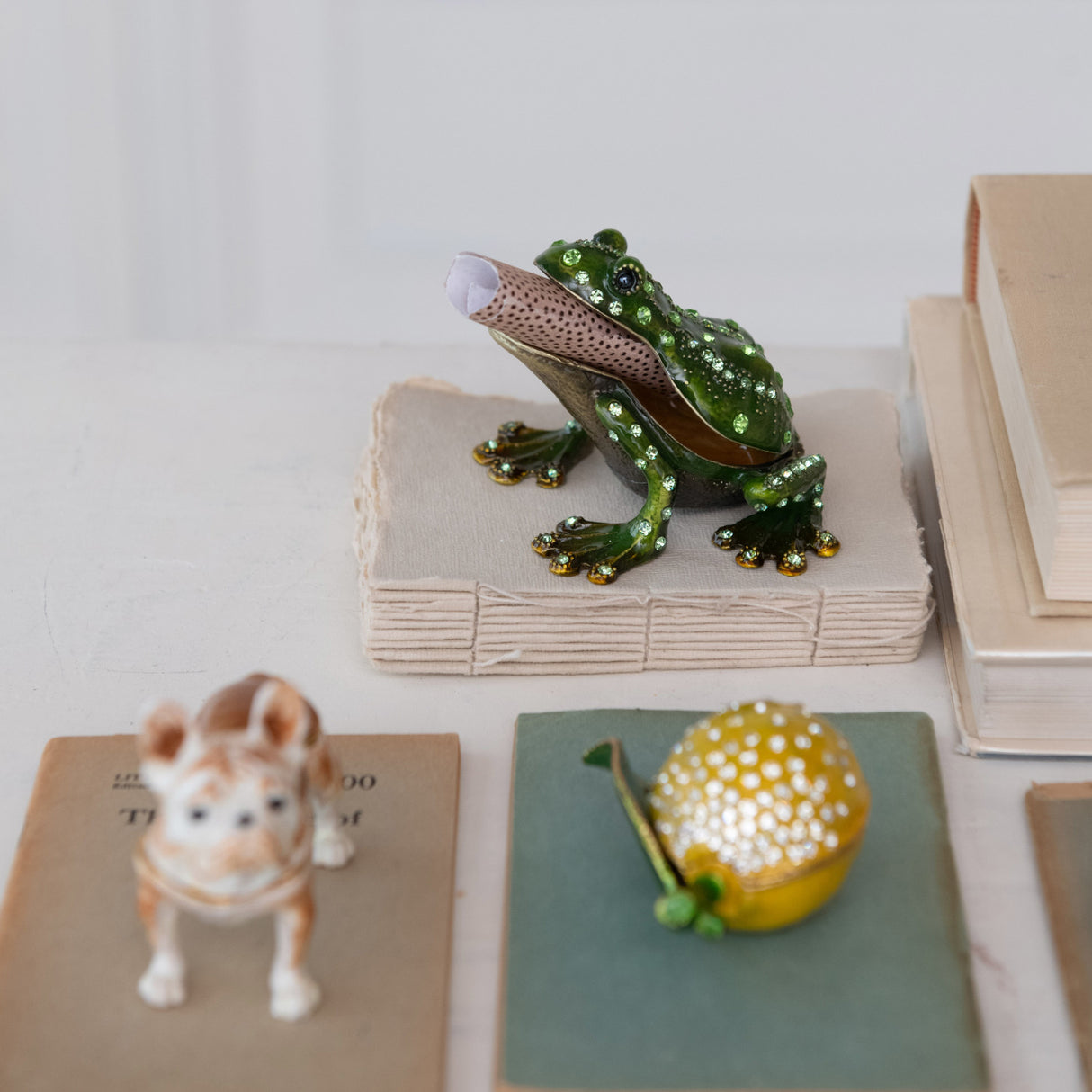 Jeweled Enameled Metal Green Frog Trinket Box