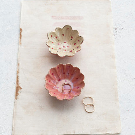 Decorative Stoneware Flower Dish with Hand-Painted Dots & Electroplating
