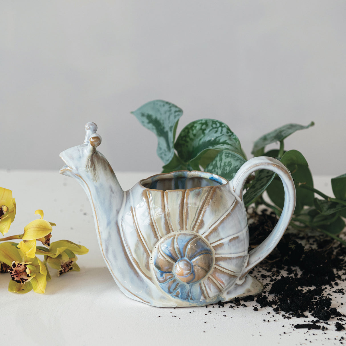 Reactive Glaze Ceramic Snail Watering Can Pitcher