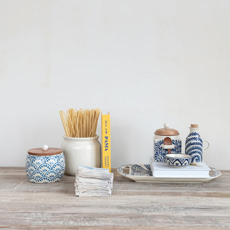Hand-Painted Blue and Cream Stoneware Pinch Bowl