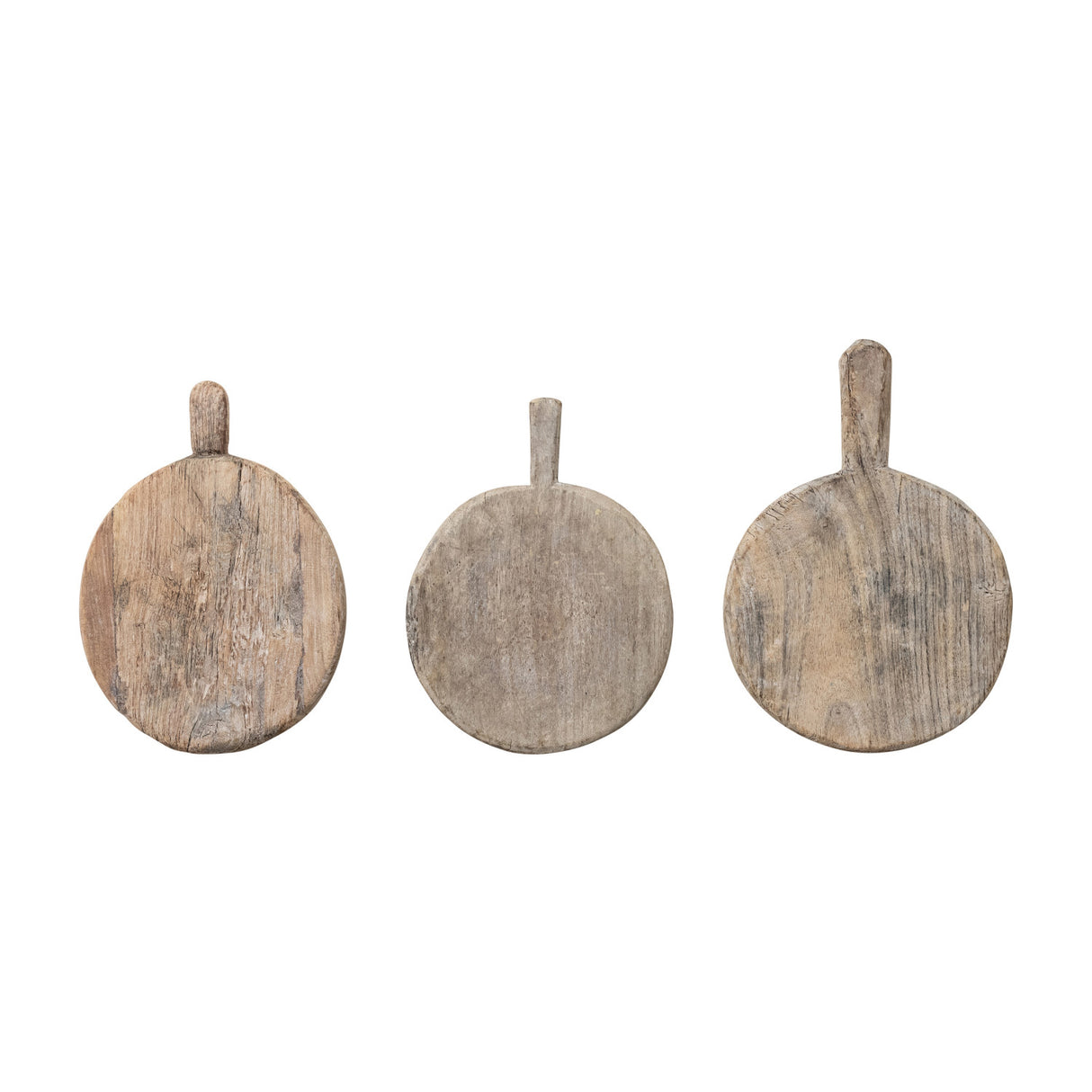 Three round bleached wood chapati boards with handles