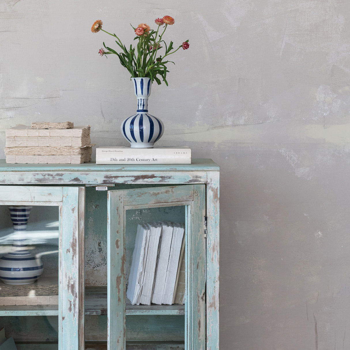 Vintage-Style Distressed Blue Mango Wood & Glass Cabinet | 2-Door Storage with Tin Sides & 3 Shelves