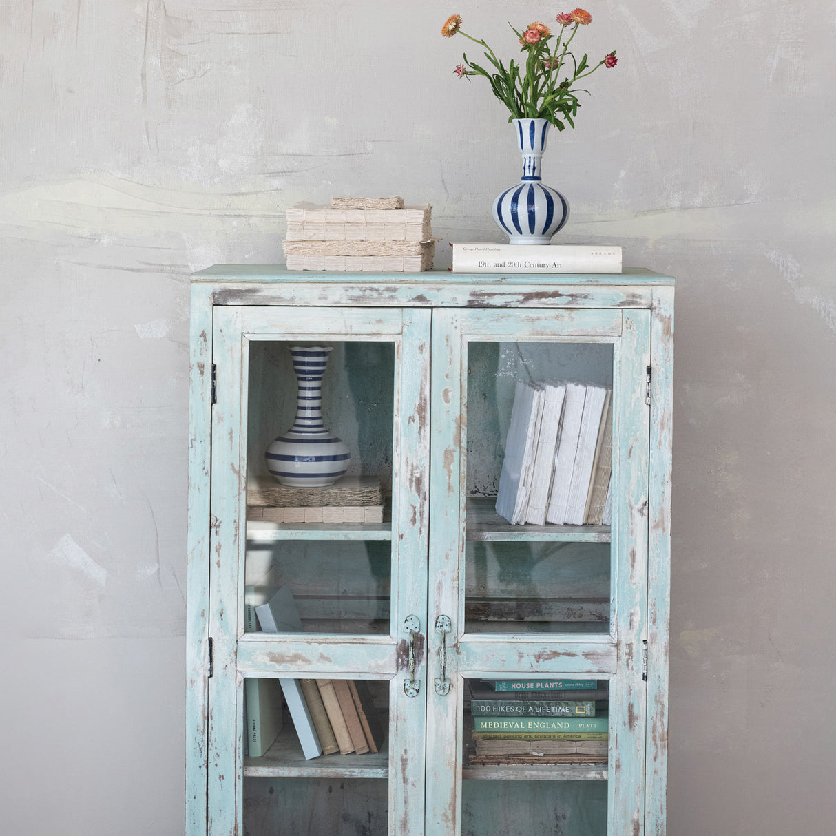 Vintage-Style Distressed Blue Mango Wood & Glass Cabinet | 2-Door Storage with Tin Sides & 3 Shelves