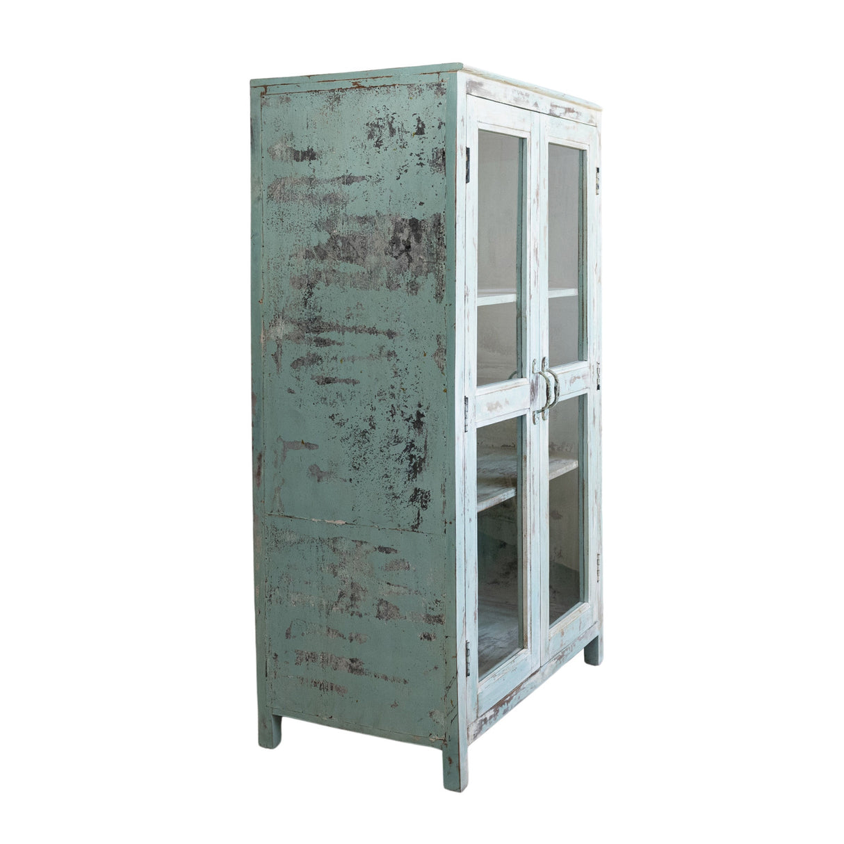 Vintage-Style Distressed Blue Mango Wood & Glass Cabinet | 2-Door Storage with Tin Sides & 3 Shelves