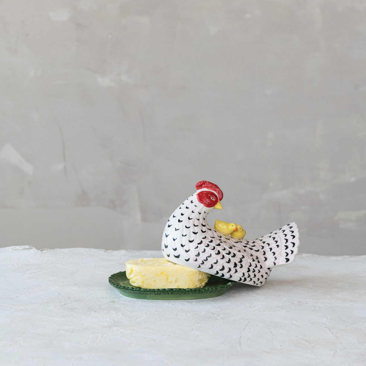 Hand-Painted Vintage-Inspired Hen Shaped Butter Dish with Chicks