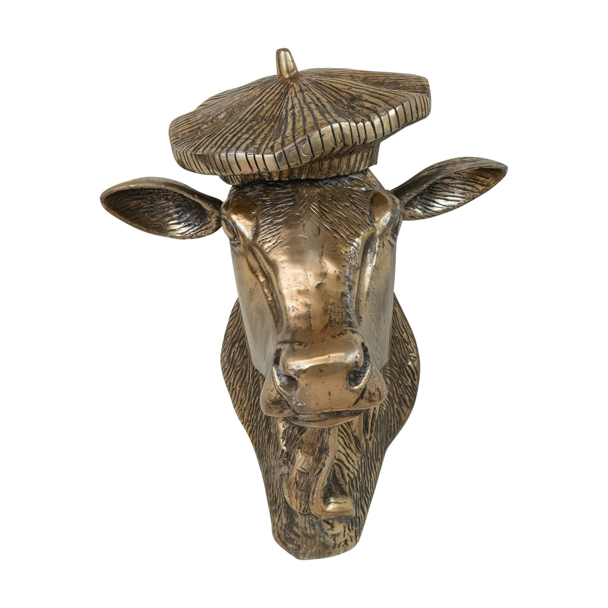 Antique Gold Aluminum Cow Head Wall Décor with Beret