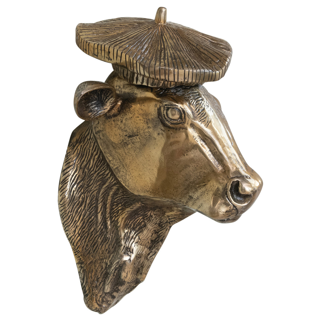 Antique Gold Aluminum Cow Head Wall Décor with Beret