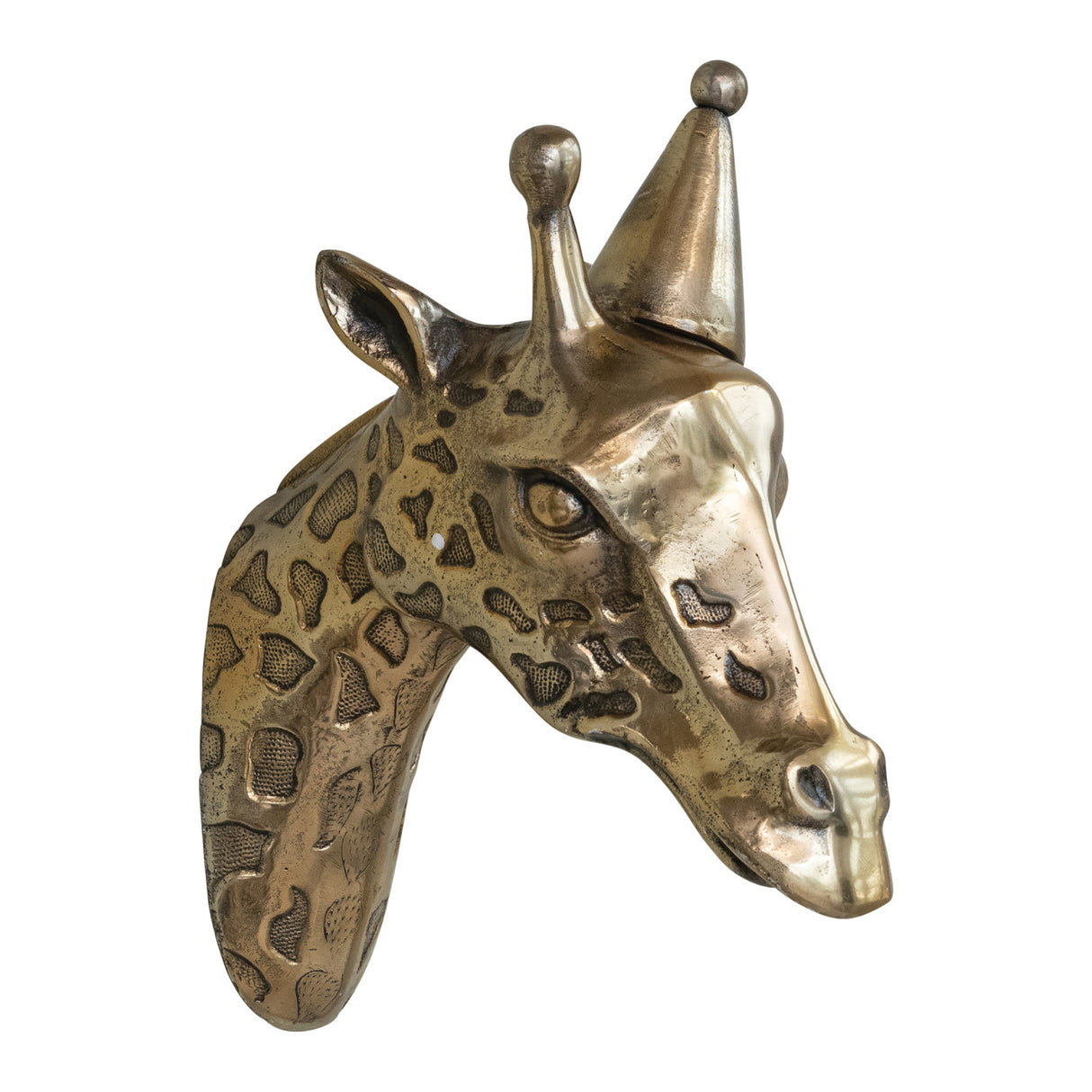 Brass Finish Cast Aluminum Giraffe Head with Party Hat Wall Mount