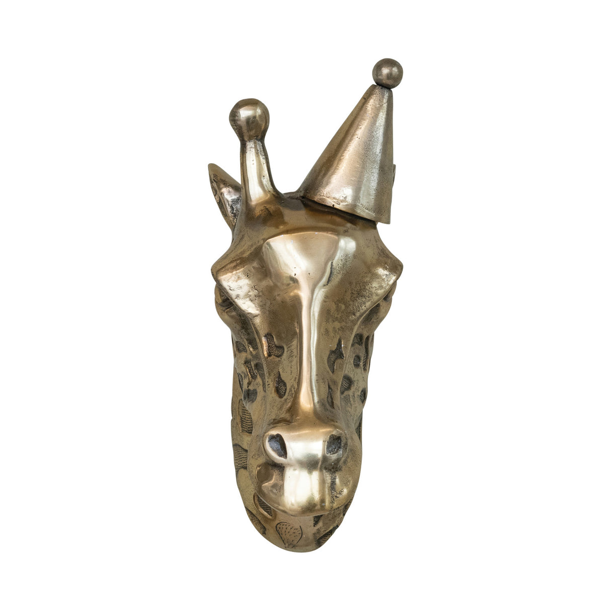 Brass Finish Cast Aluminum Giraffe Head with Party Hat Wall Mount
