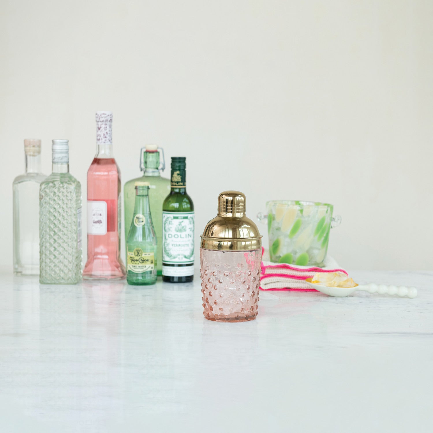 Gold Stainless Steel & Hand-Blown Pink Glass Hobnail Cocktail Shaker