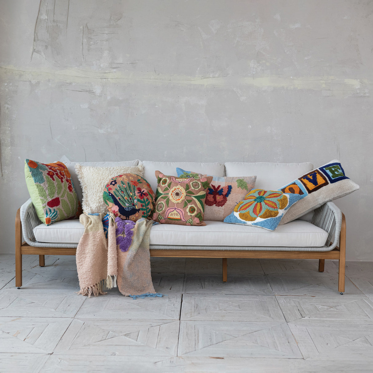 Square Cream Bouclé Pillow with Fringe | Indoor & Outdoor