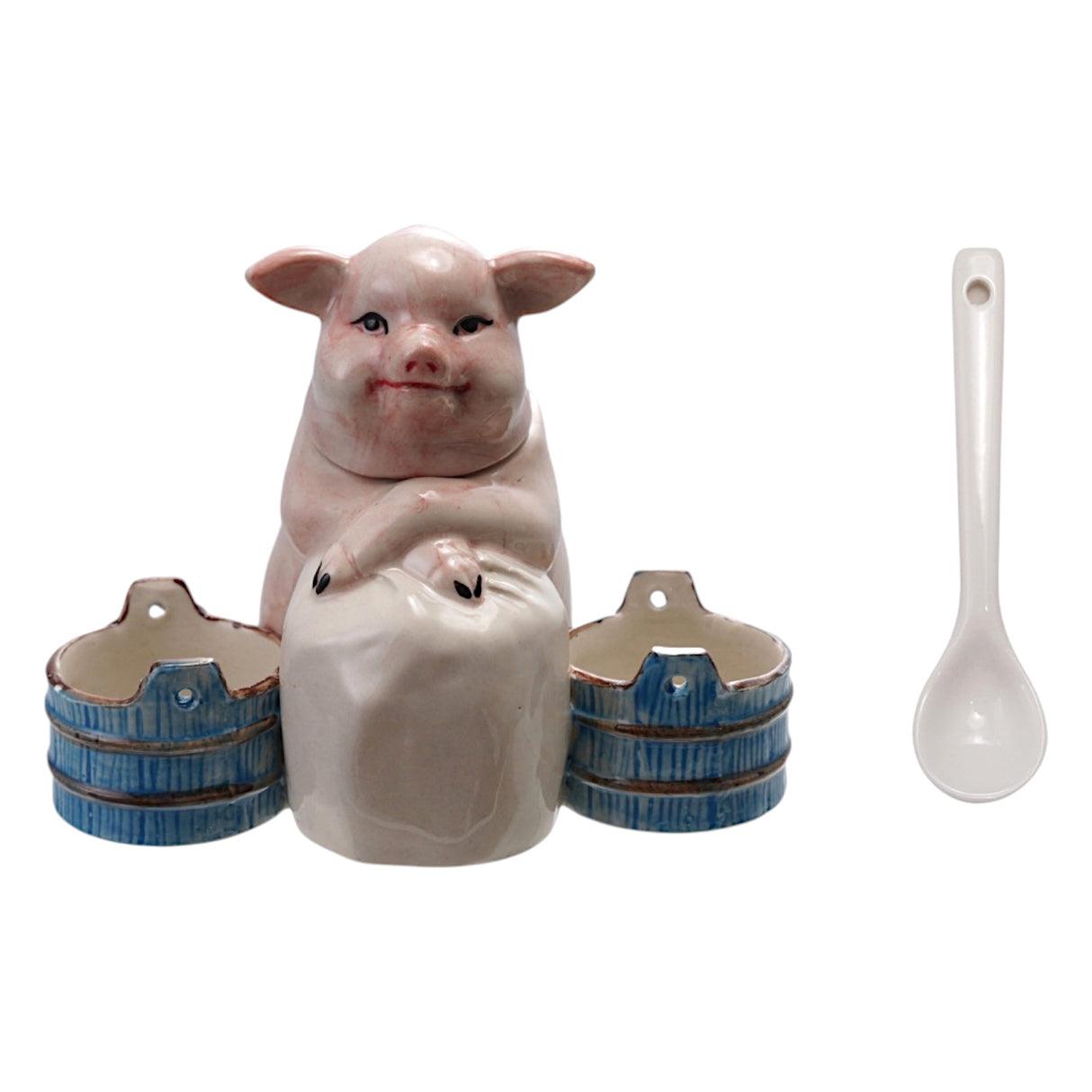 Vintage-Inspired Stoneware Pig Mustard Pot with 3 Sections & Spoon