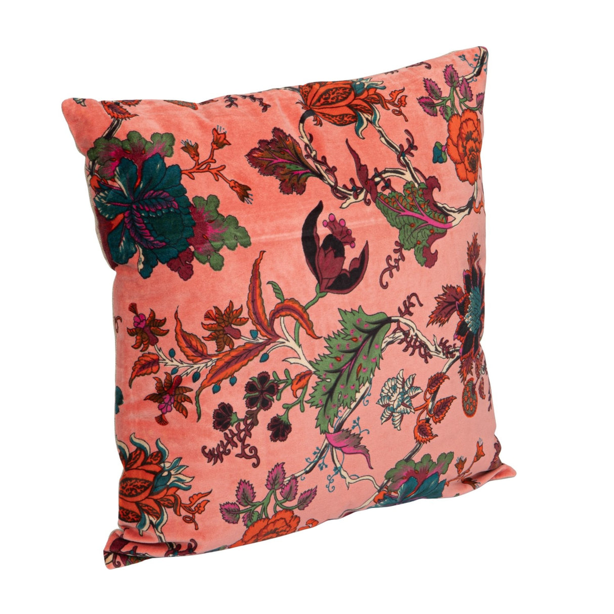 Square Floral Pink Velvet Throw Pillow with Chambray Back