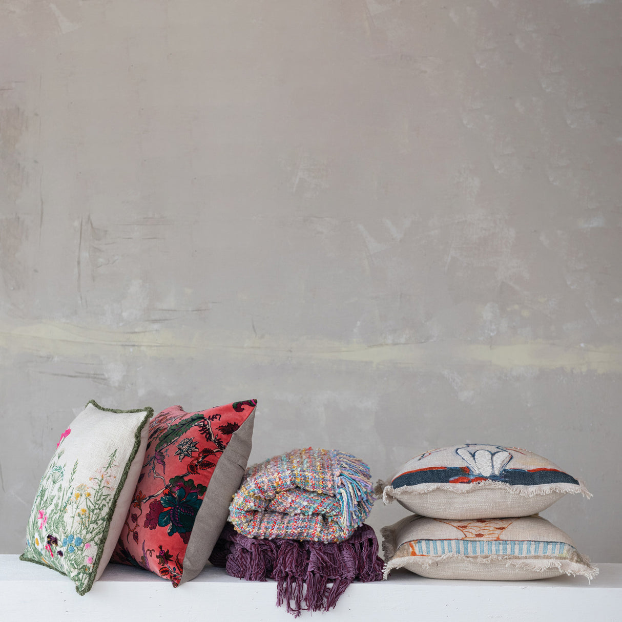 Square Floral Pink Velvet Throw Pillow with Chambray Back