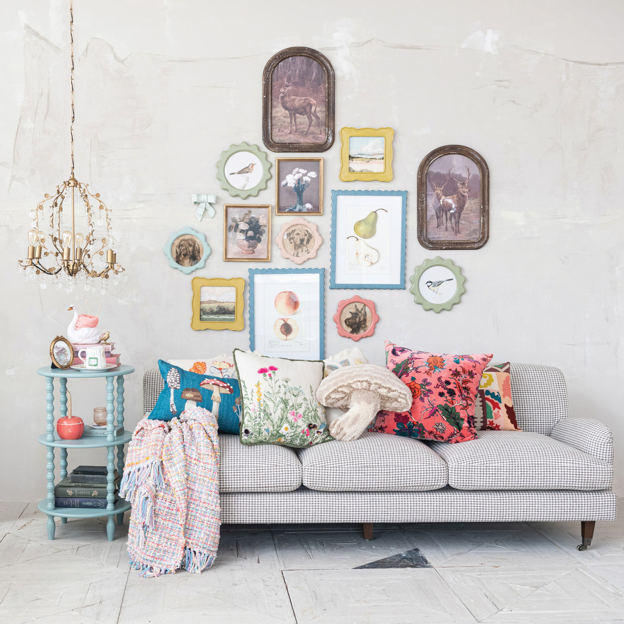 Square Floral Pink Velvet Throw Pillow with Chambray Back