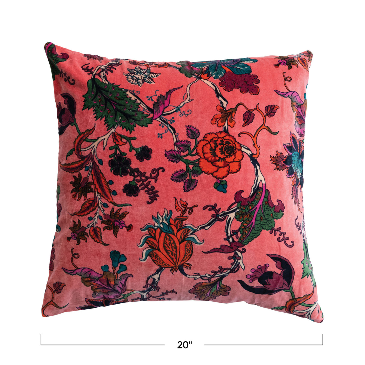 Square Floral Pink Velvet Throw Pillow with Chambray Back