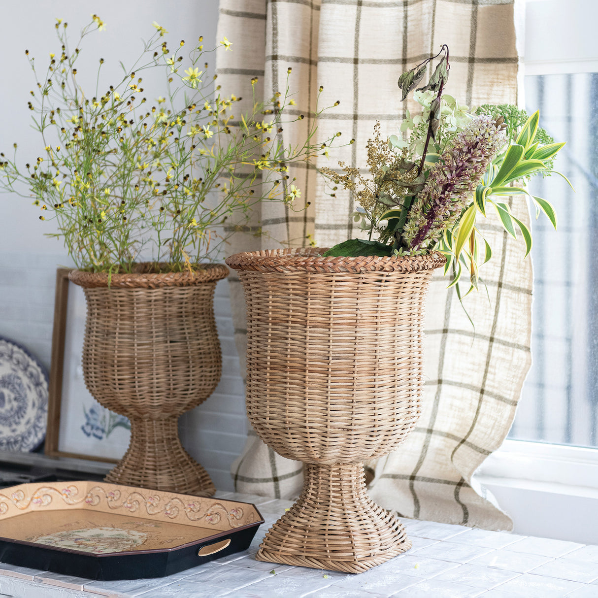 Woven Rattan Pedestal Urn