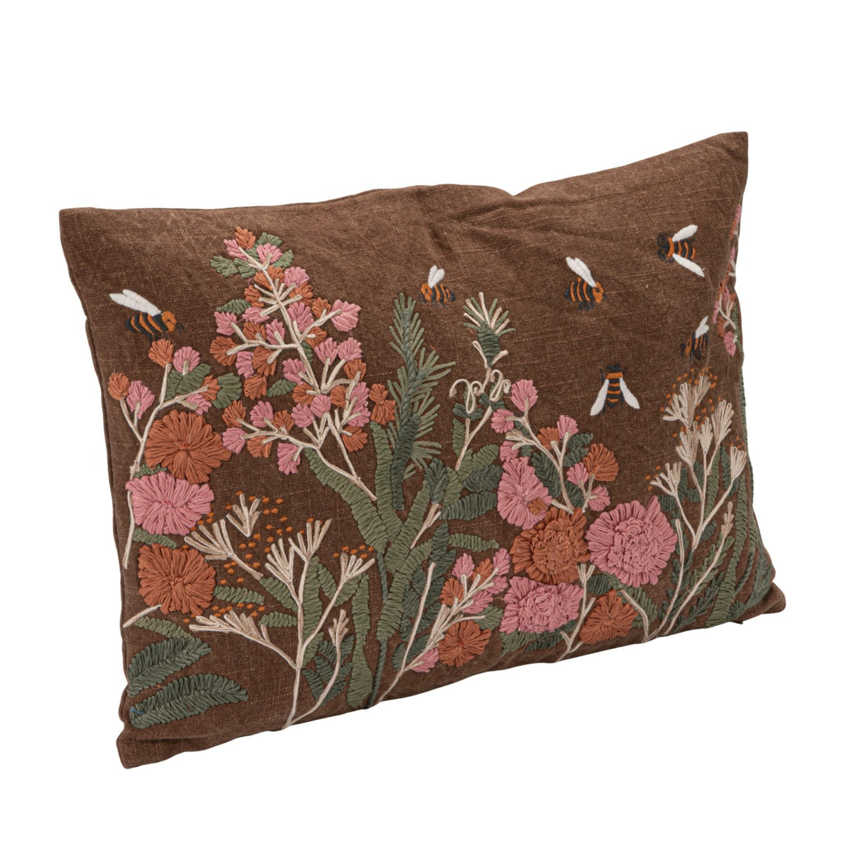 Embroidered Wildflower & Bee Lumbar Pillow