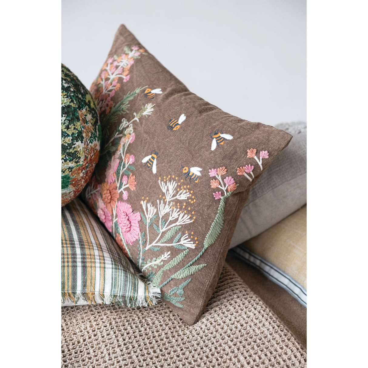 Embroidered Wildflower & Bee Lumbar Pillow
