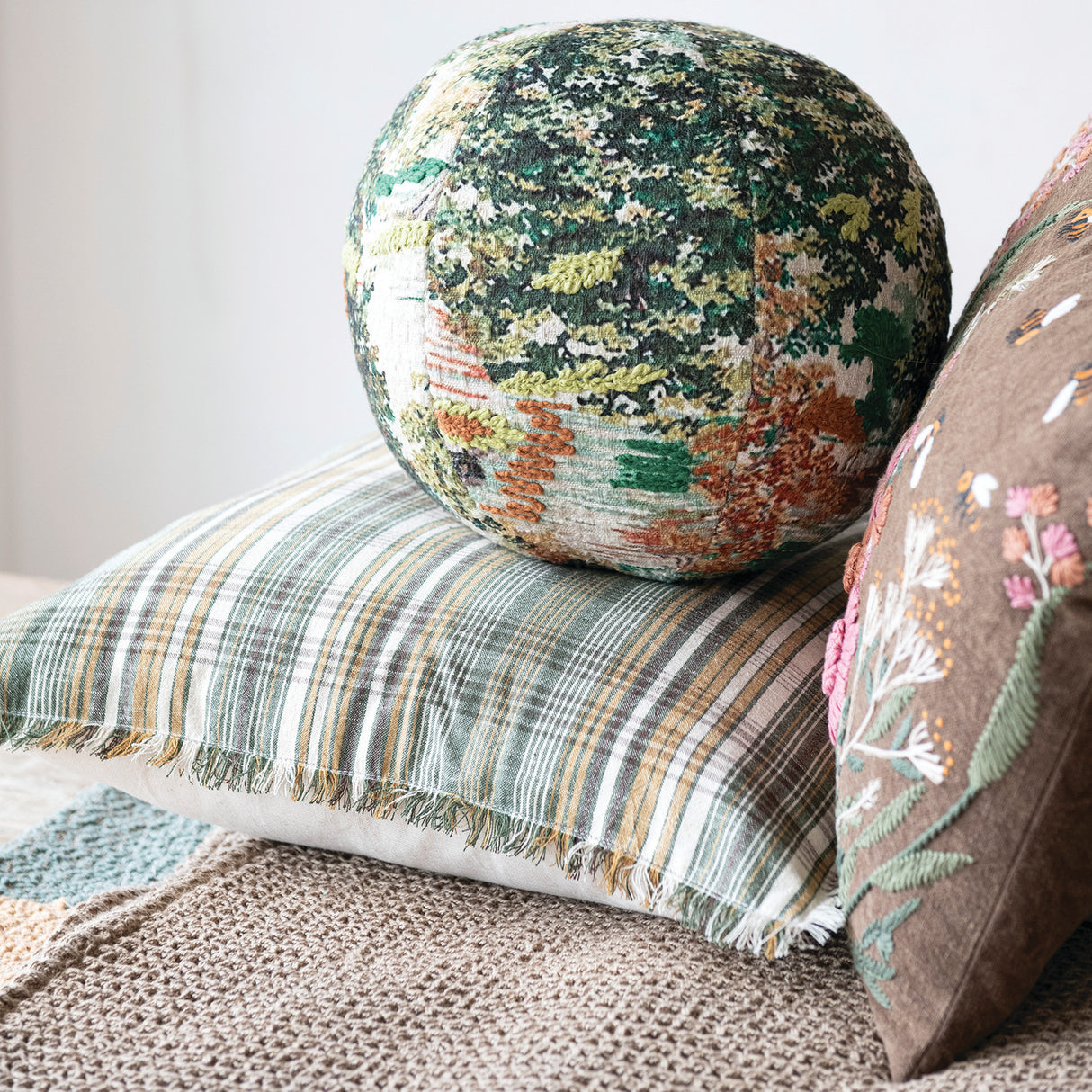 Embroidered Wildflower & Bee Lumbar Pillow