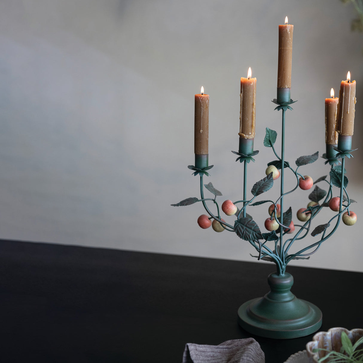 Vintage Inspired Metal Crabapple Toleware Candelabra