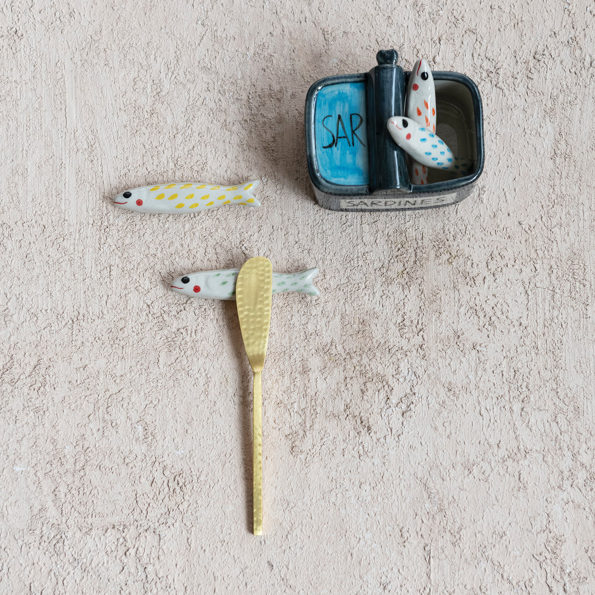 Hand-Painted Sardine Utensil Rests with Can Container