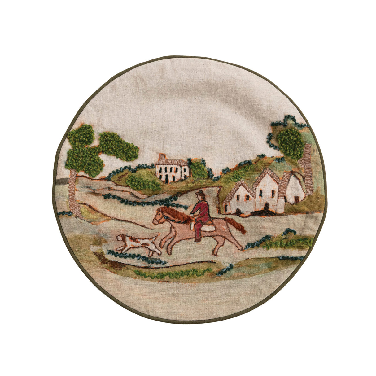 Round Embroidered Countryside Hunting Scene Pillow