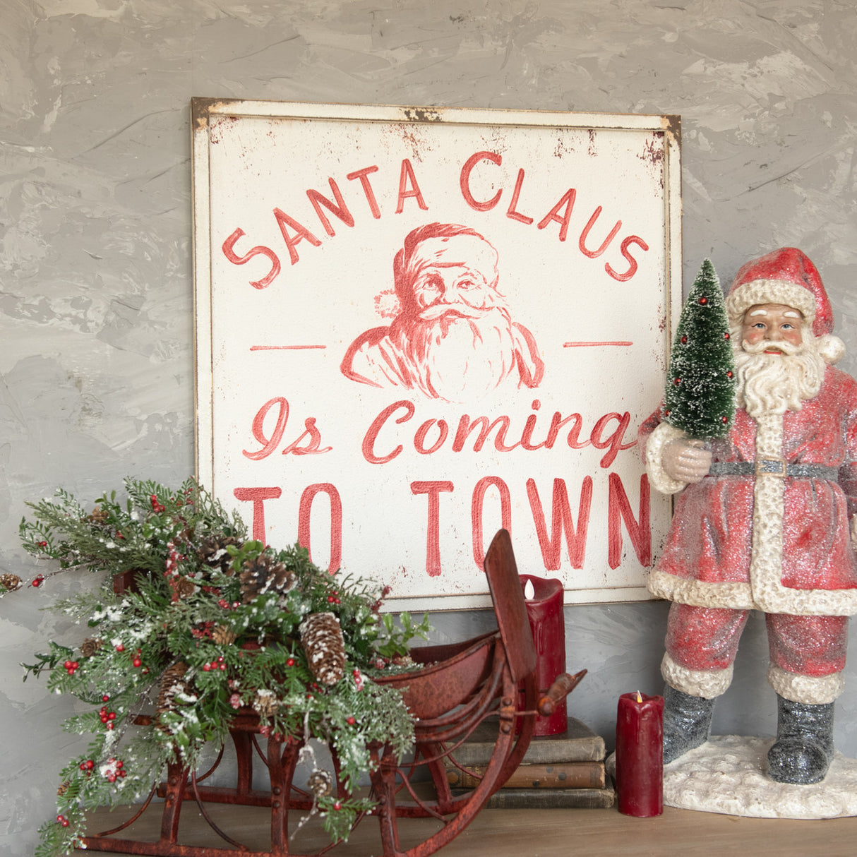 Vintage-Inspired Santa Claus is Coming to Town Distressed Metal Sign