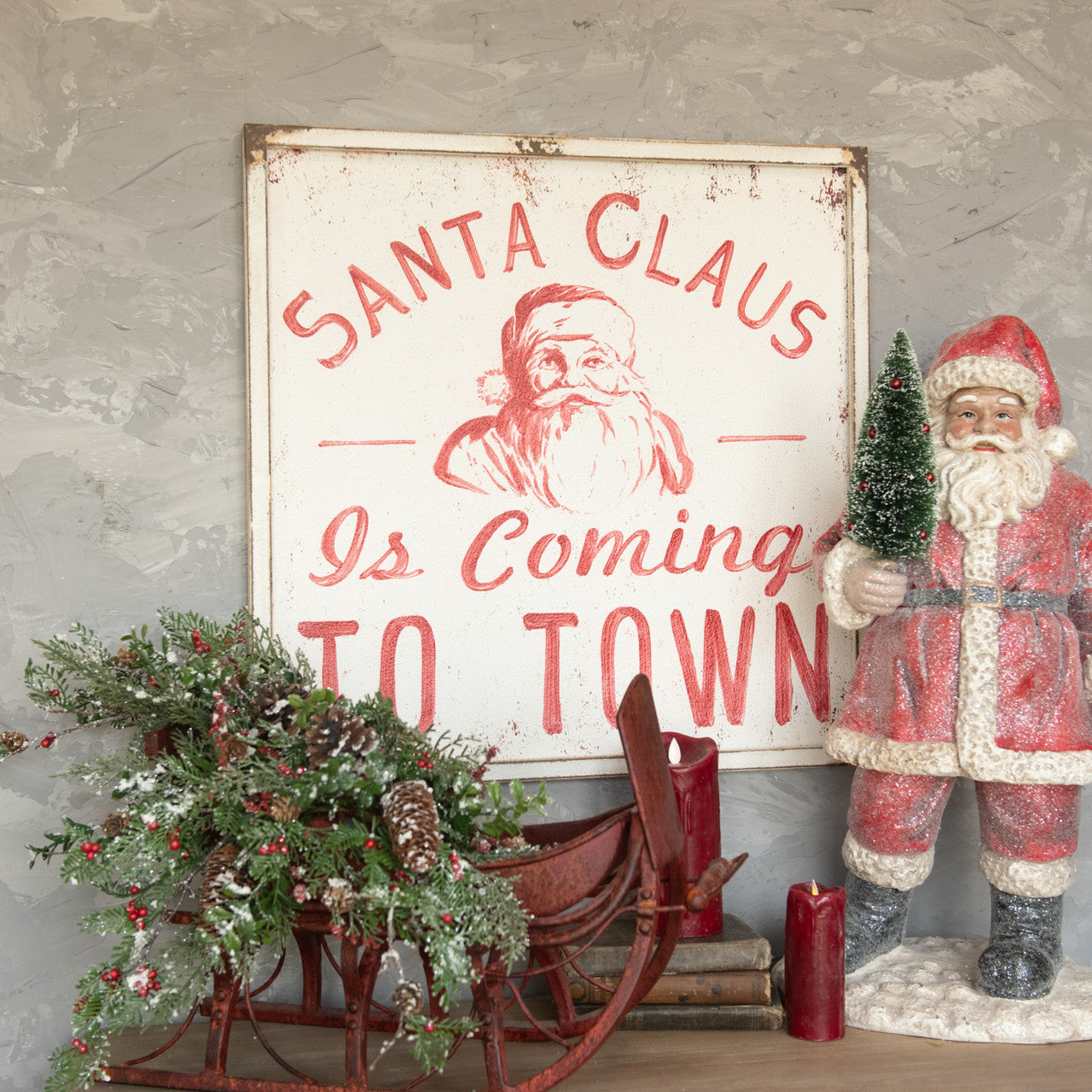 Vintage-Inspired Santa Claus is Coming to Town Distressed Metal Sign