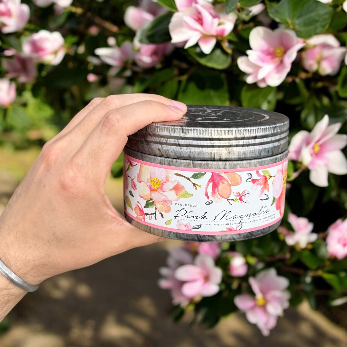 Pink Magnolia 3 Wick Soy Candle in Tin