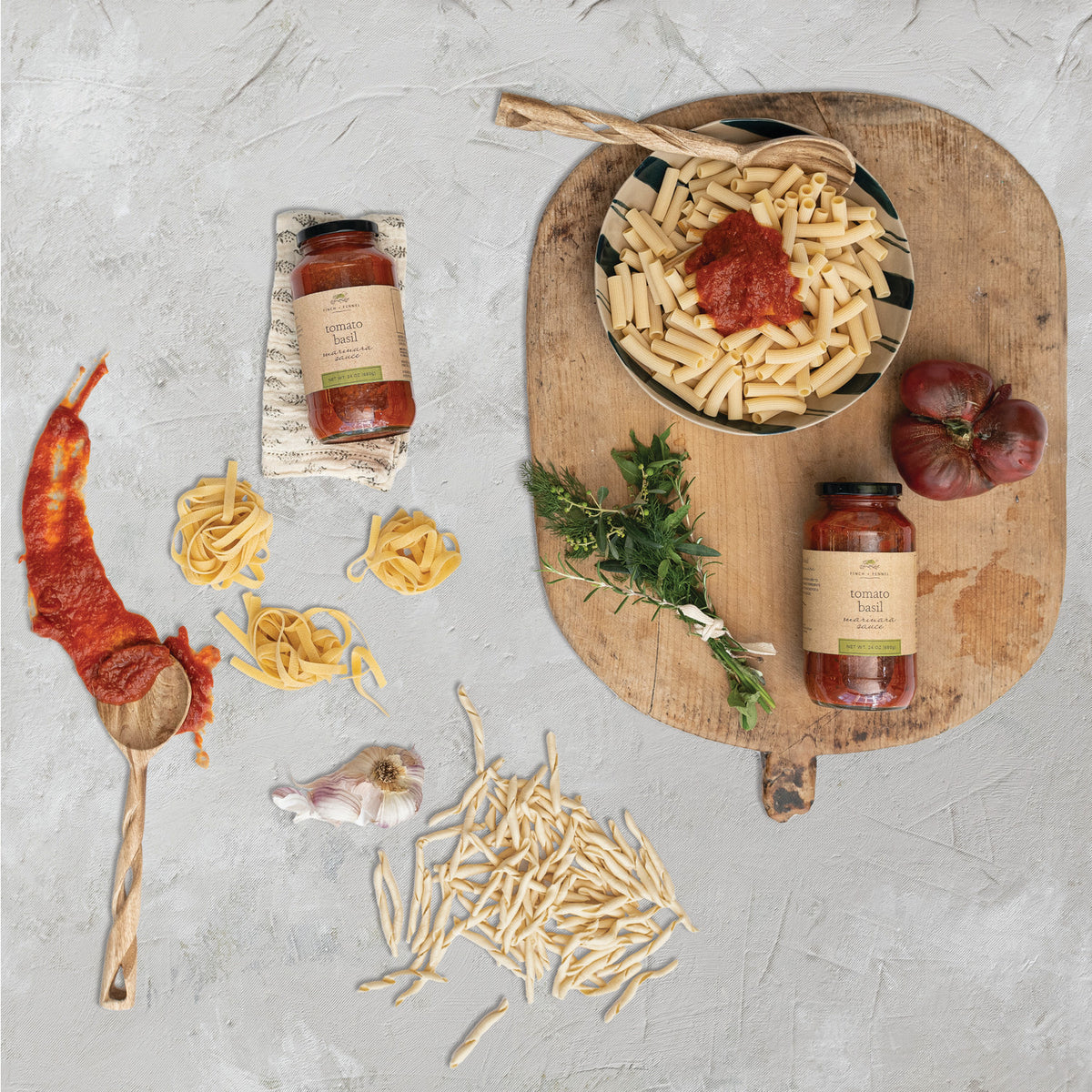 Finch + Fennel Tomato Basil Marinara Sauce with pasta, tomatoes, garlic and fresh herbs