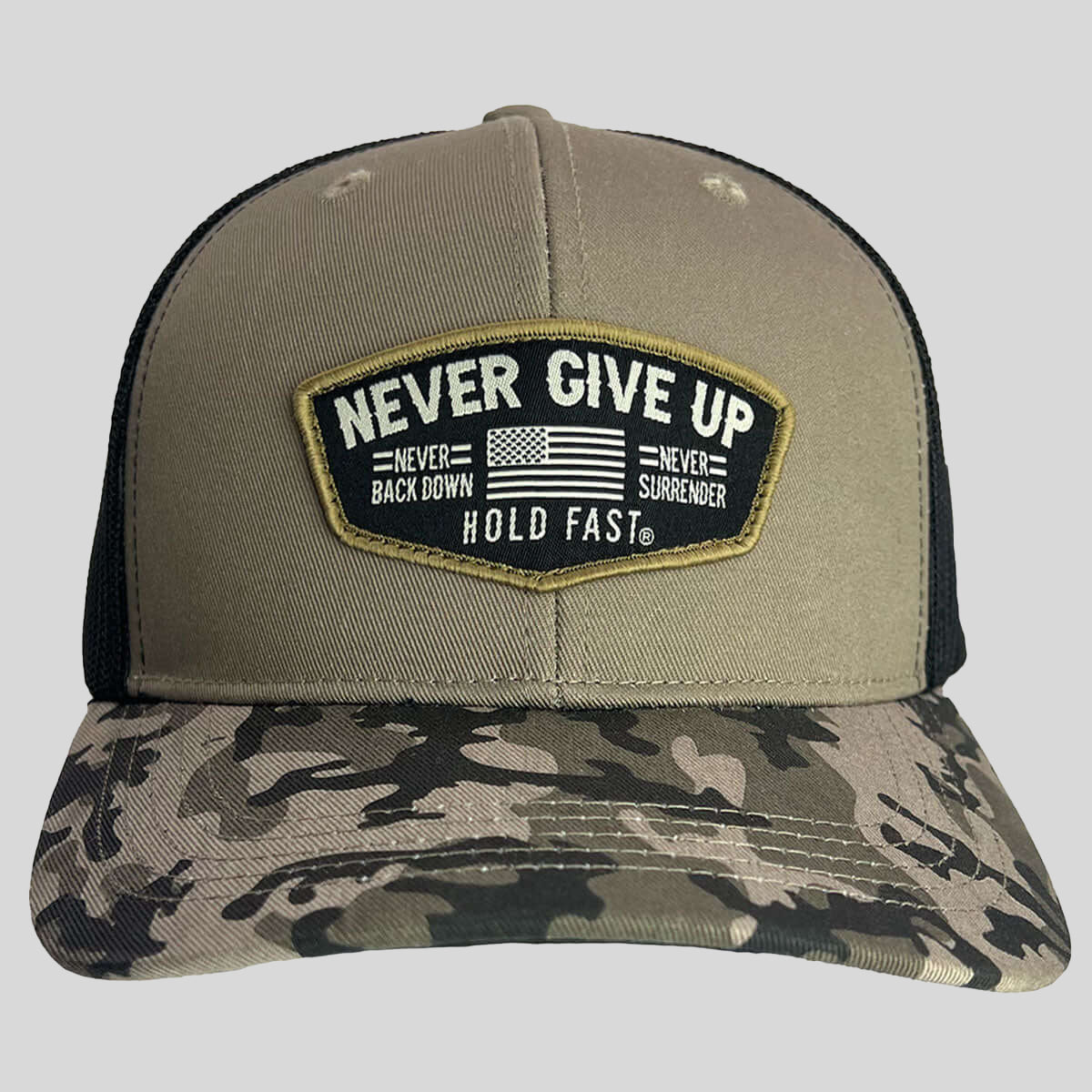 Never Give Up Camo Trucker Hat