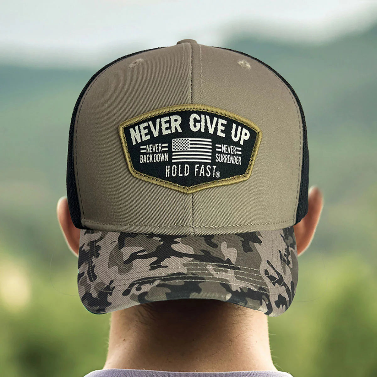 Never Give Up Camo Trucker Hat
