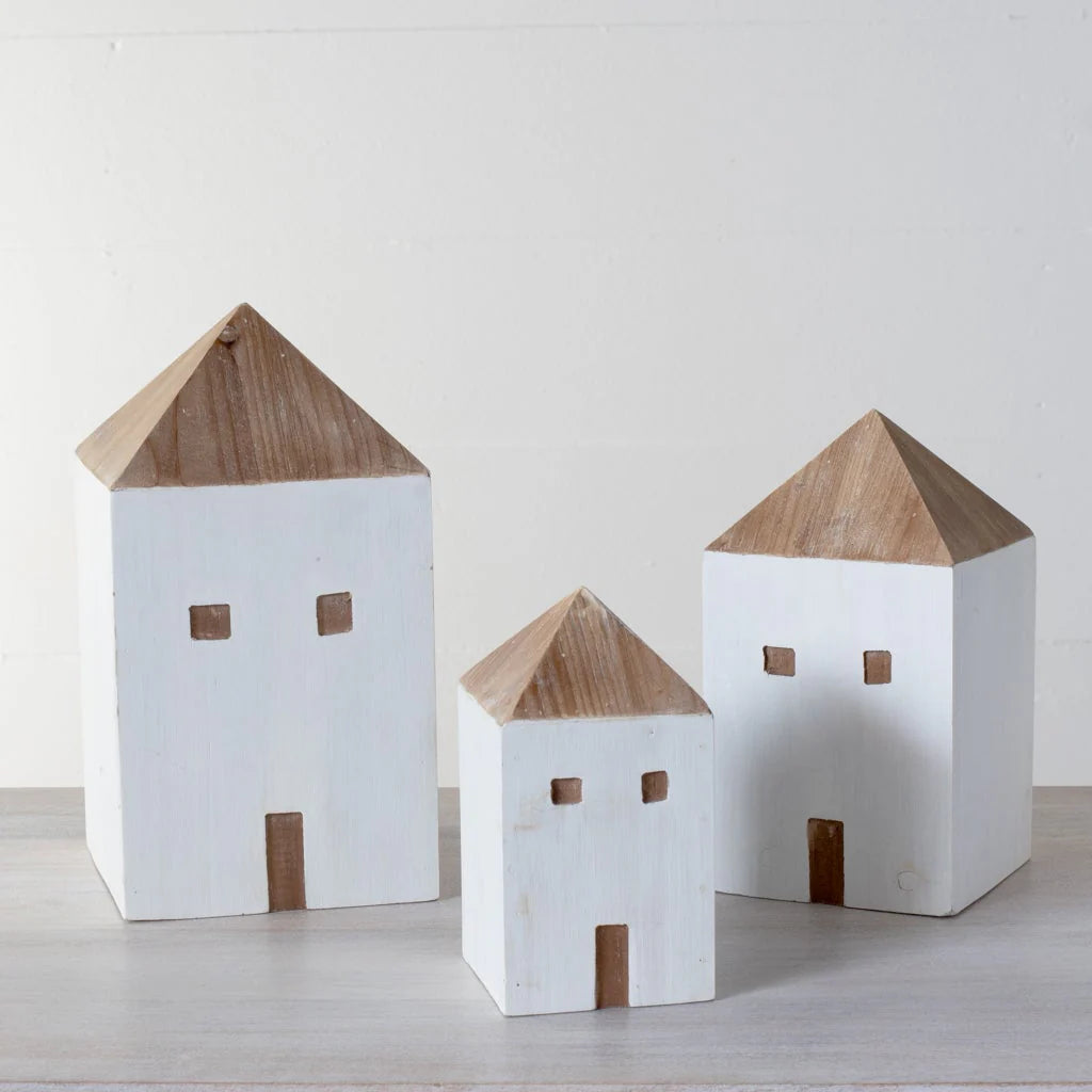 Whitewashed Wood House Figures | Set of 3