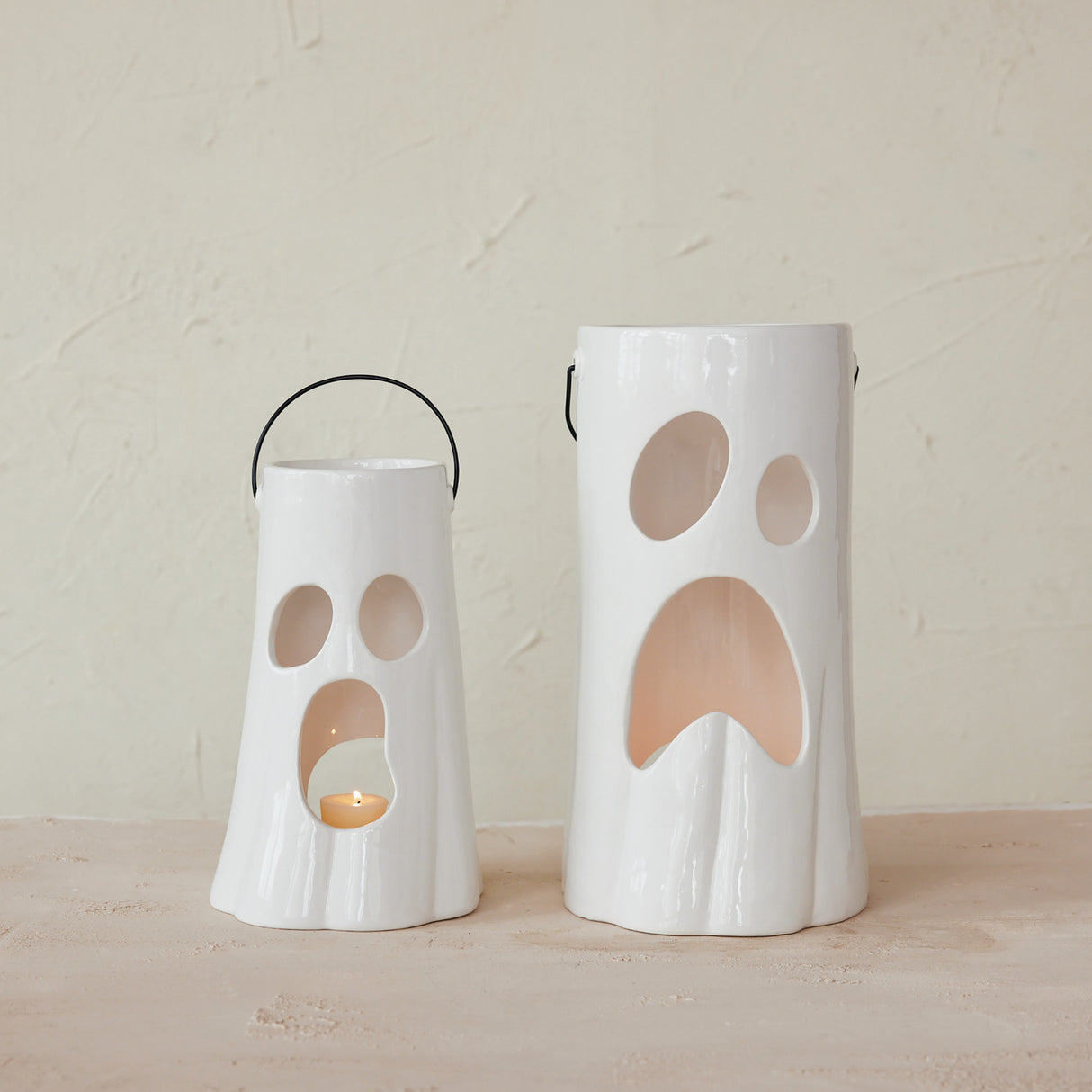 Ceramic Ghost Face Lantern with Metal Handle