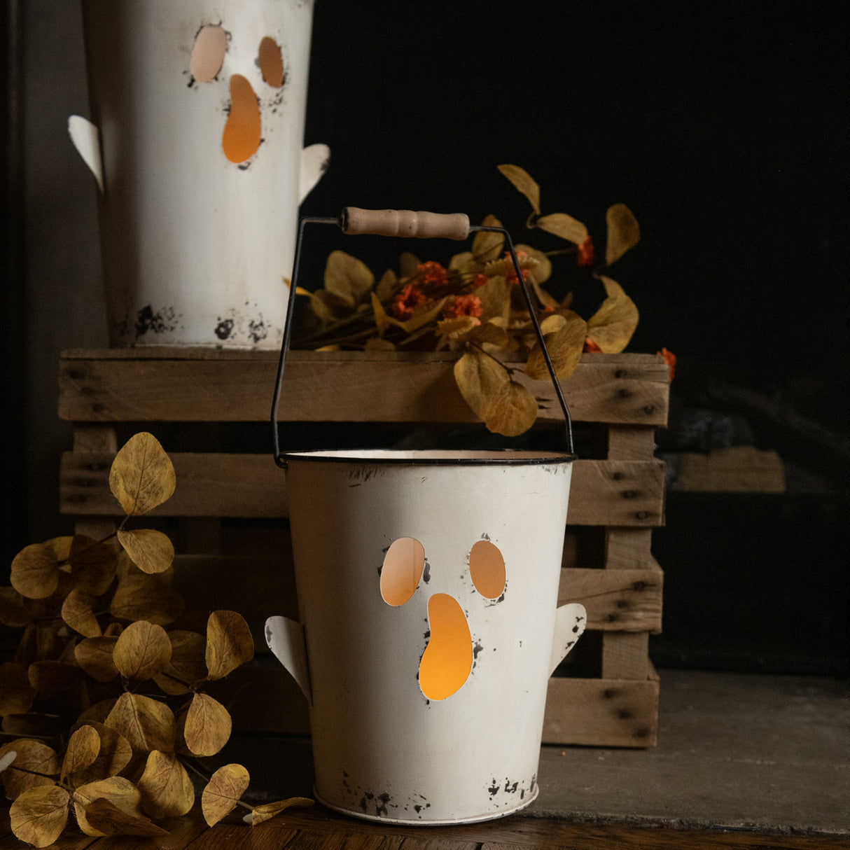 White Metal Ghost Bucket with Handle | 2 Sizes