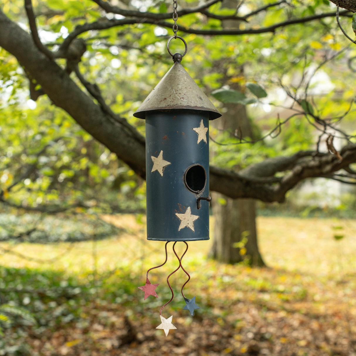 Blue & White Stars Firework Hanging Birdhouse