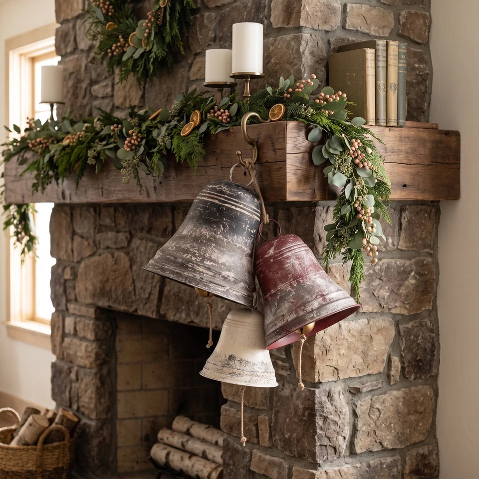 Oversized Aged Metal Bells with Rope Hanger