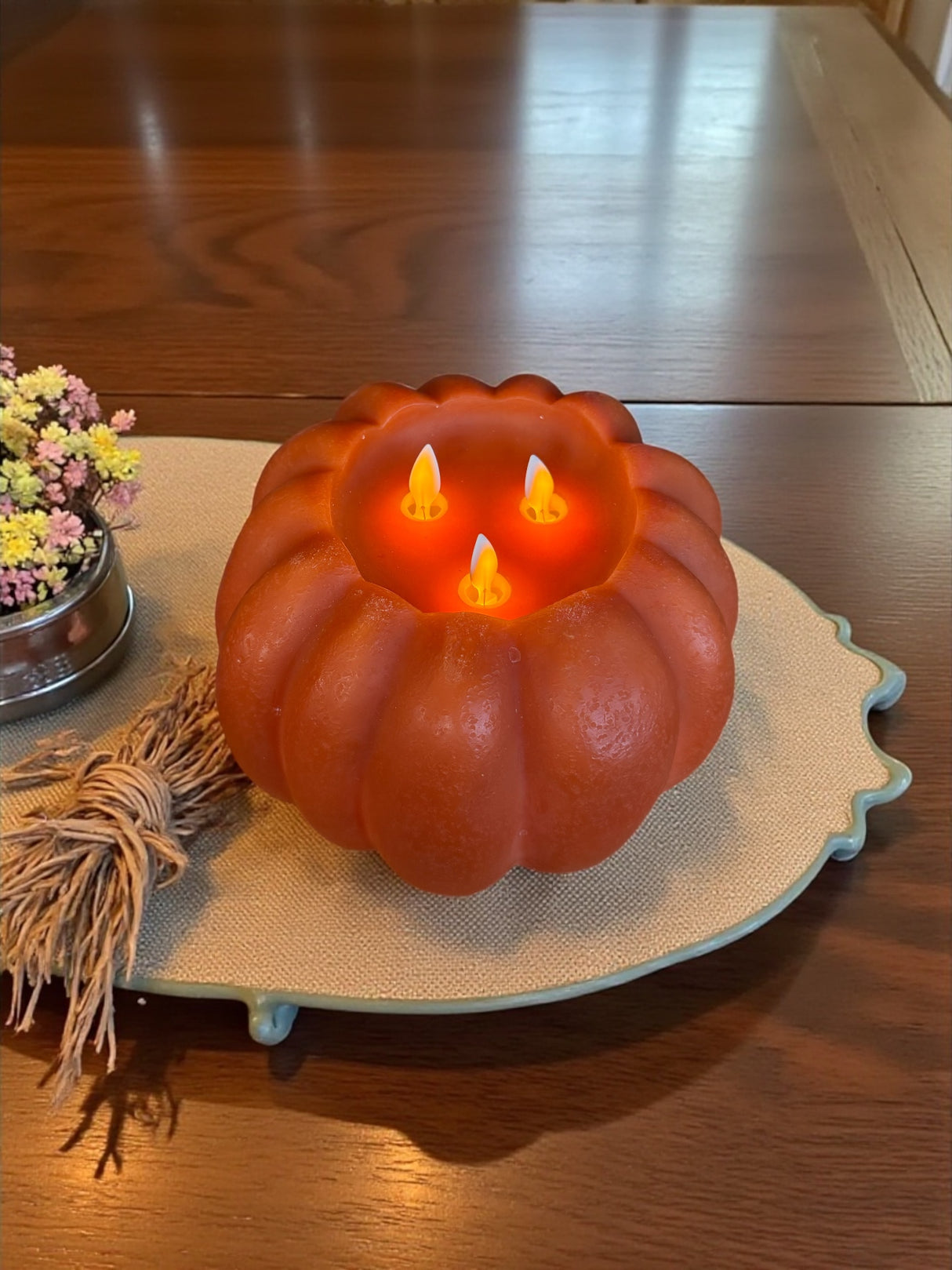 Orange Pumpkin 3-Wick Moving Flame LED Wax Candle