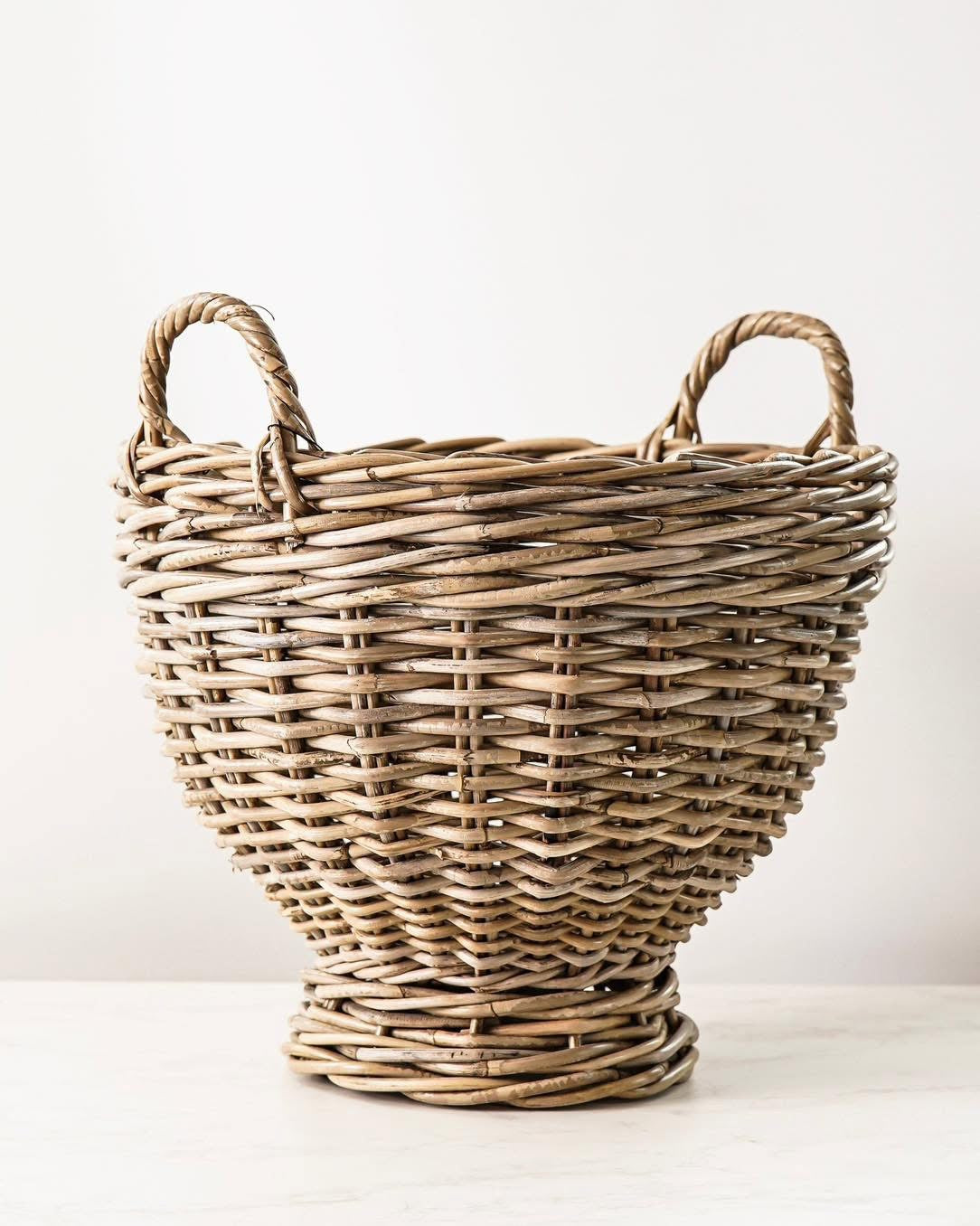 Handwoven Natural Rattan Footed Basket with Handles