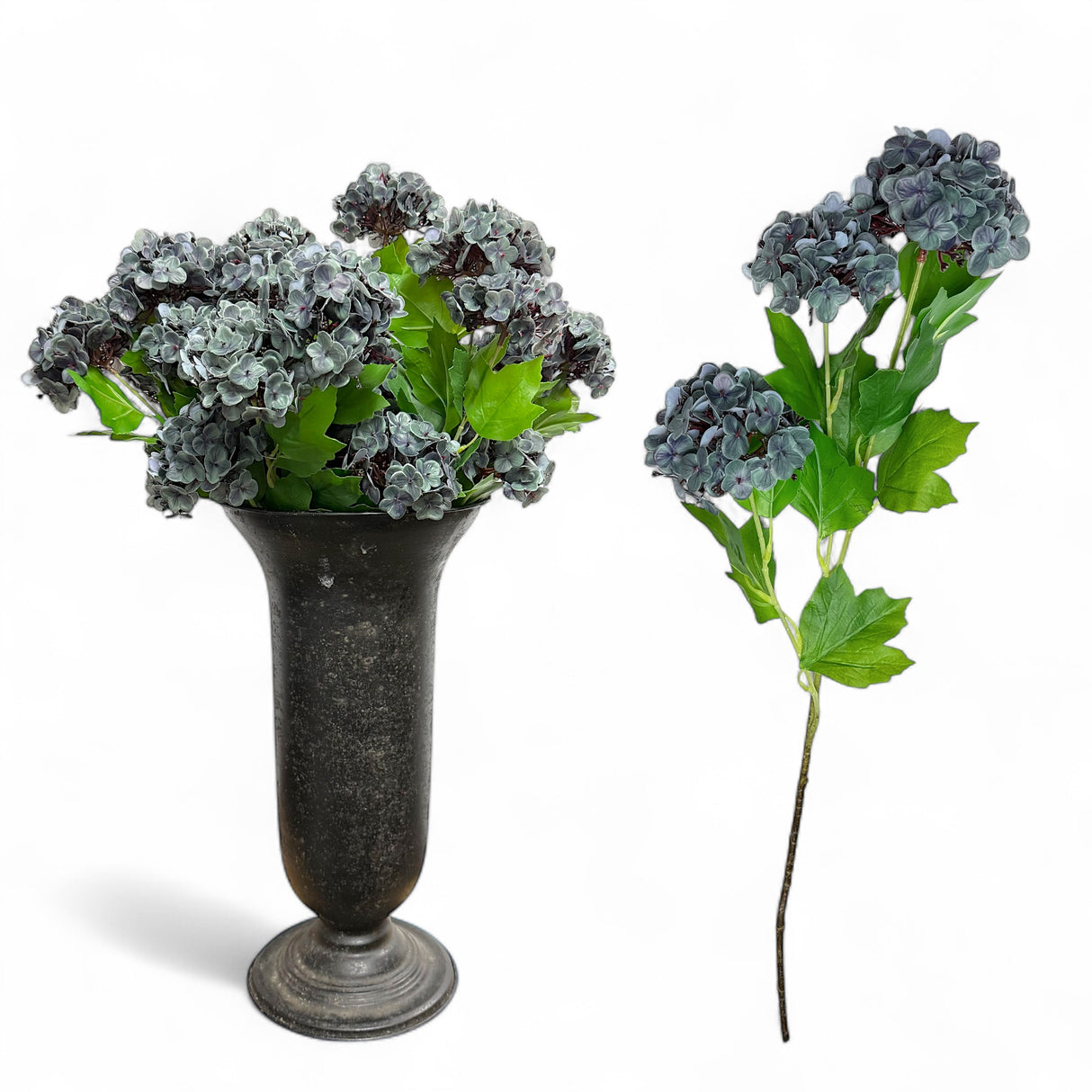 Dusty blue artificial hydrangea stem with realistic clustered blooms and green leave