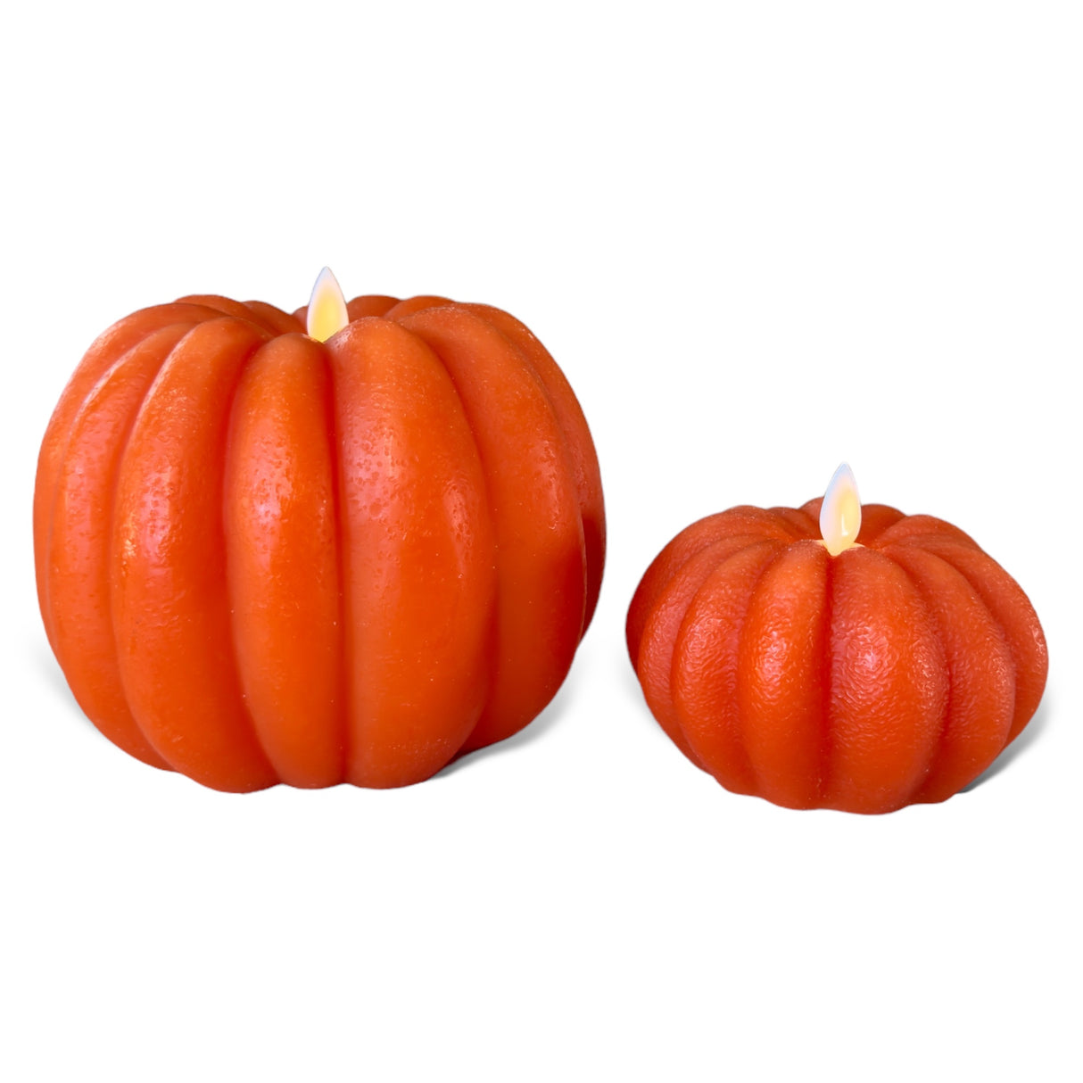 Two orange pumpkin-shaped flameless LED wax candles with flickering flames, one large and one small.