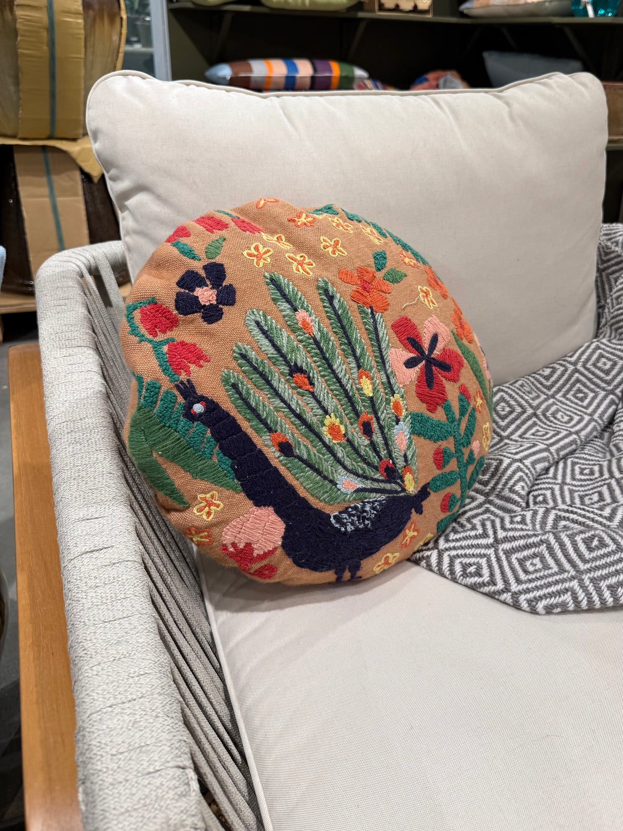 Embroidered Peacock & Floral Round Pillow | Indoor & Outdoor