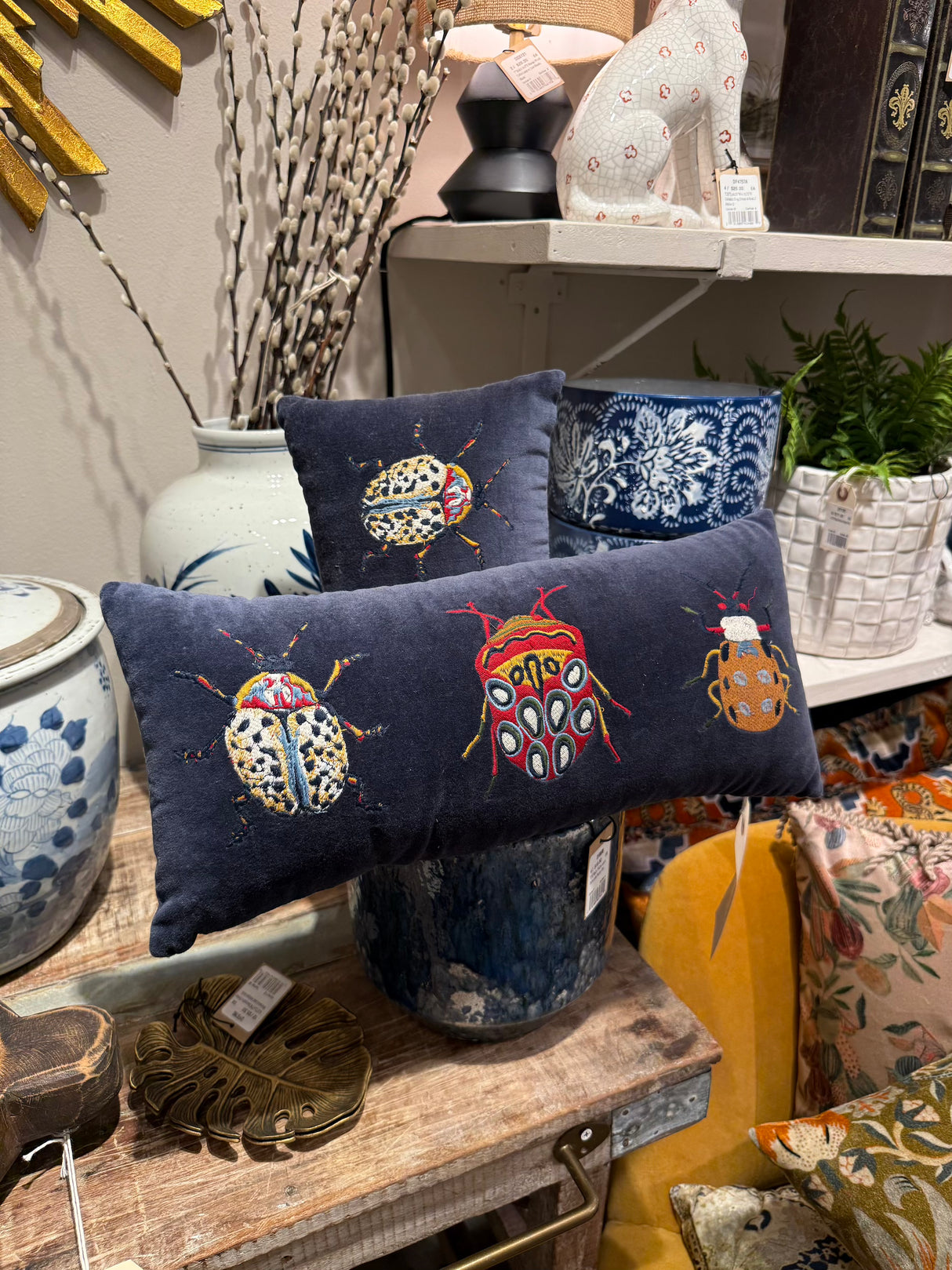 Beetle Pattern Blue Cotton & Velvet Embroidered Lumbar Pillow