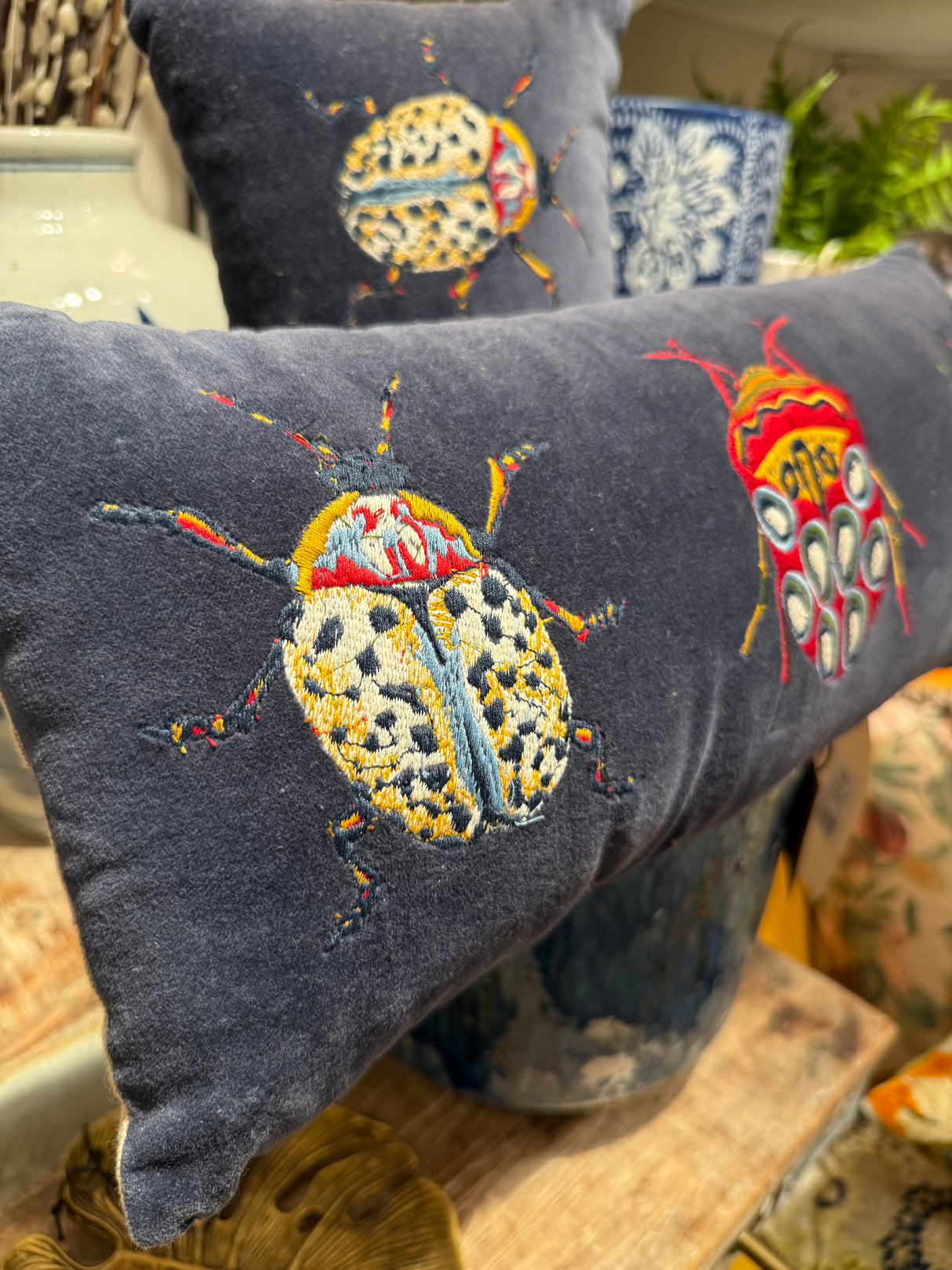 Beetle Pattern Blue Cotton & Velvet Embroidered Lumbar Pillow